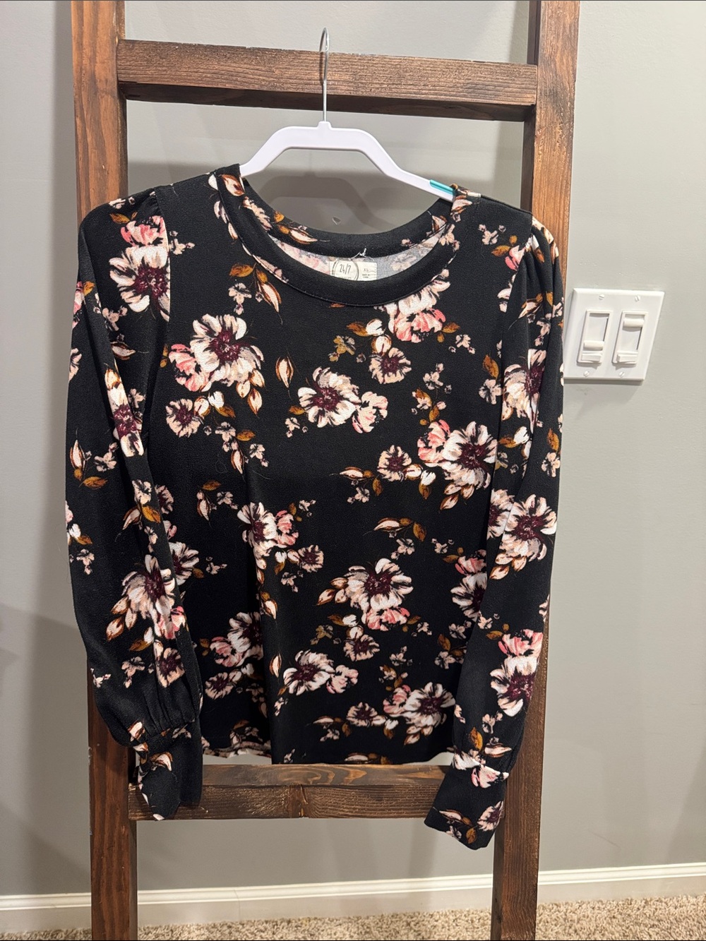 Maurices Black Floral Crewneck Sweatshirt with Pink & Cream Blooms